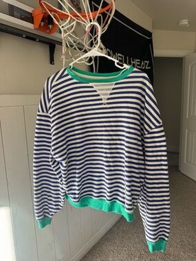 Free People Blue and White Striped Crewneck Sweater with Green Trim